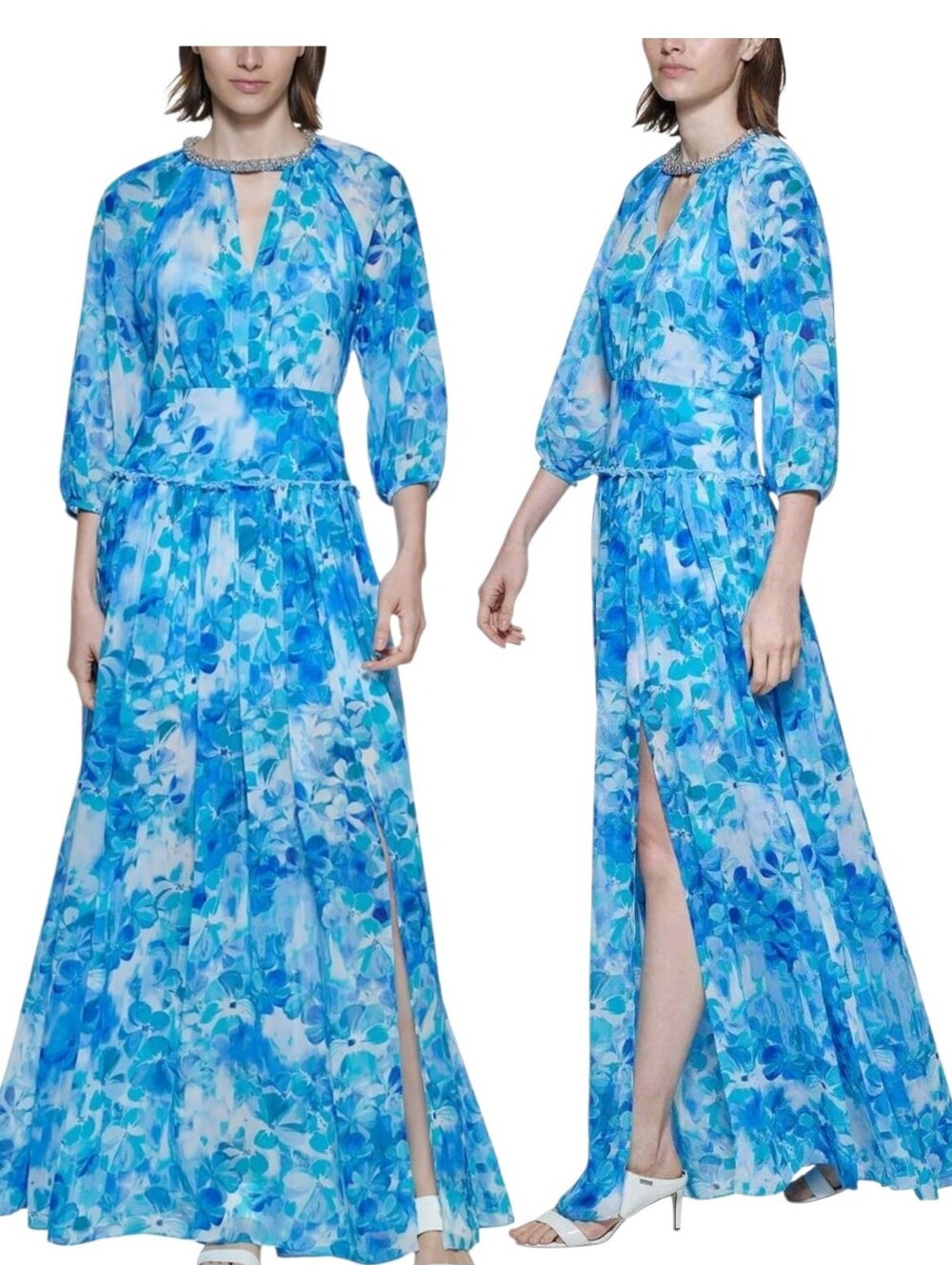 Calvin Klein Blue Watercolor Floral Chiffon Maxi Dress Formal Gown 6 NWT